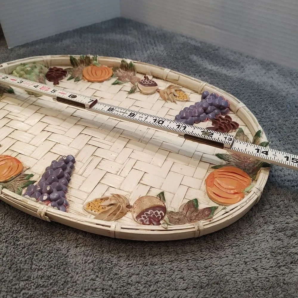 Vtg Woven Basket Platter Fall Fruit Pumpkins Clay Hand Painted Multi Use 14